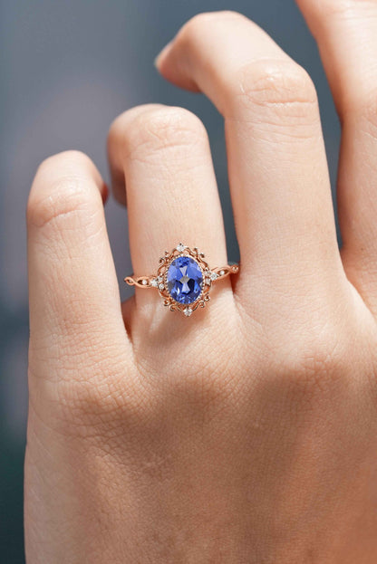 Vintage Oval Cut Lab Cornflower Sapphire Engagement Ring