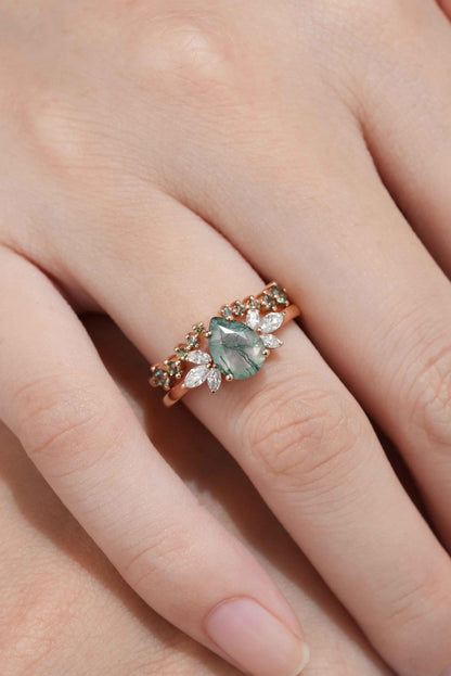 Moss Agate Engagement Ring Set Green Sapphire Open Wedding Band 2pcs