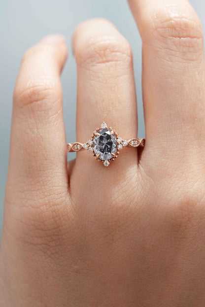 Vintage Oval Cut Black Moissanite Engagement Ring Rose Gold