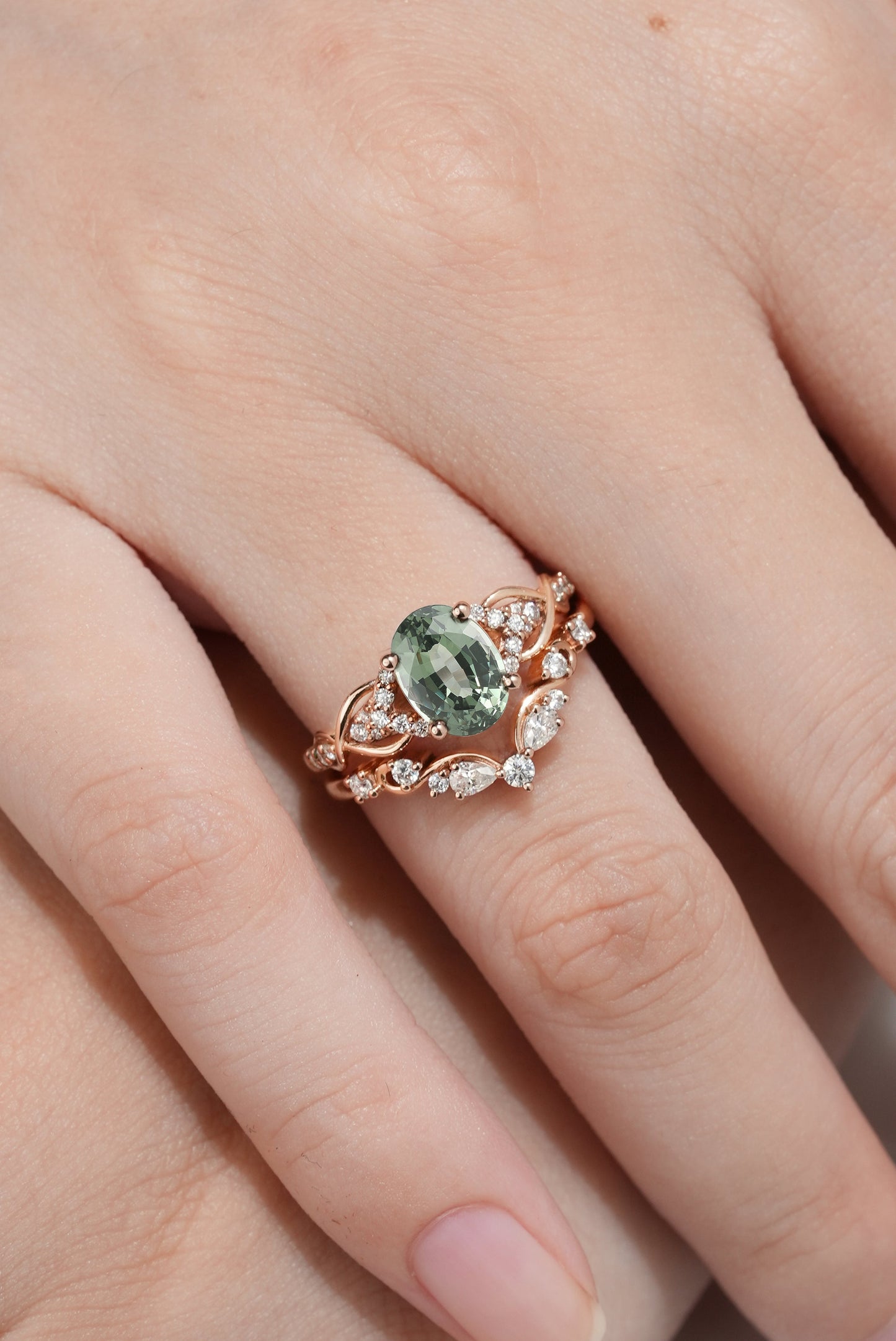 Oval Green Sapphire Engagement Ring V Shaped Wedding Band 2pcs