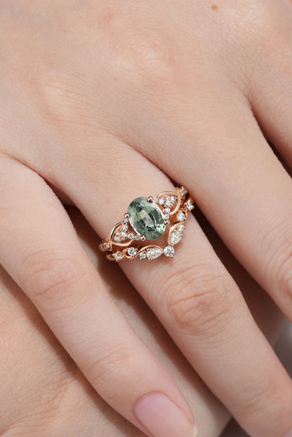 Oval Green Sapphire Engagement Ring V Shaped Wedding Band 2pcs