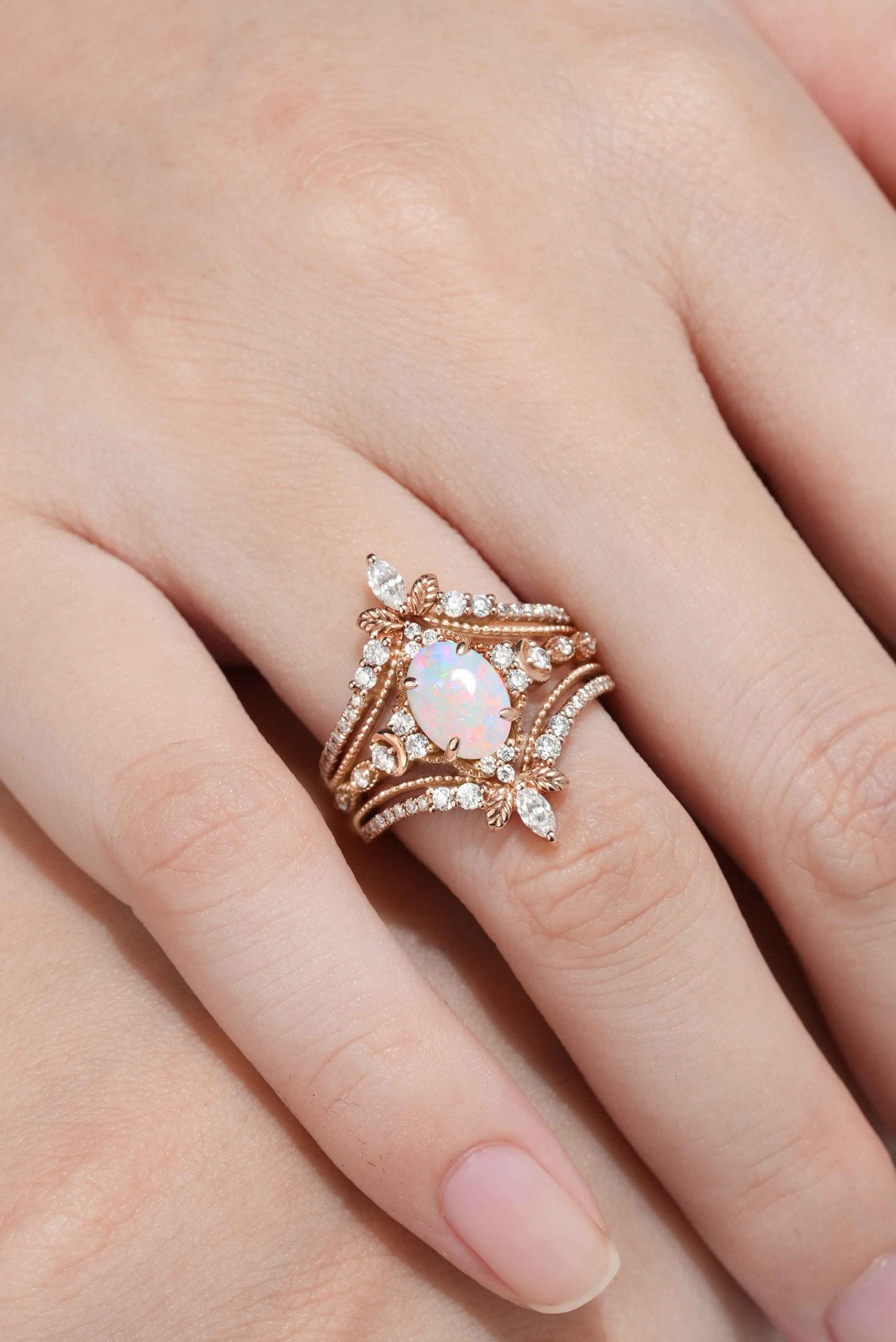 Opal Engagement Ring Nature Inspired Leaf Enhancer Wedding Band 2pcs