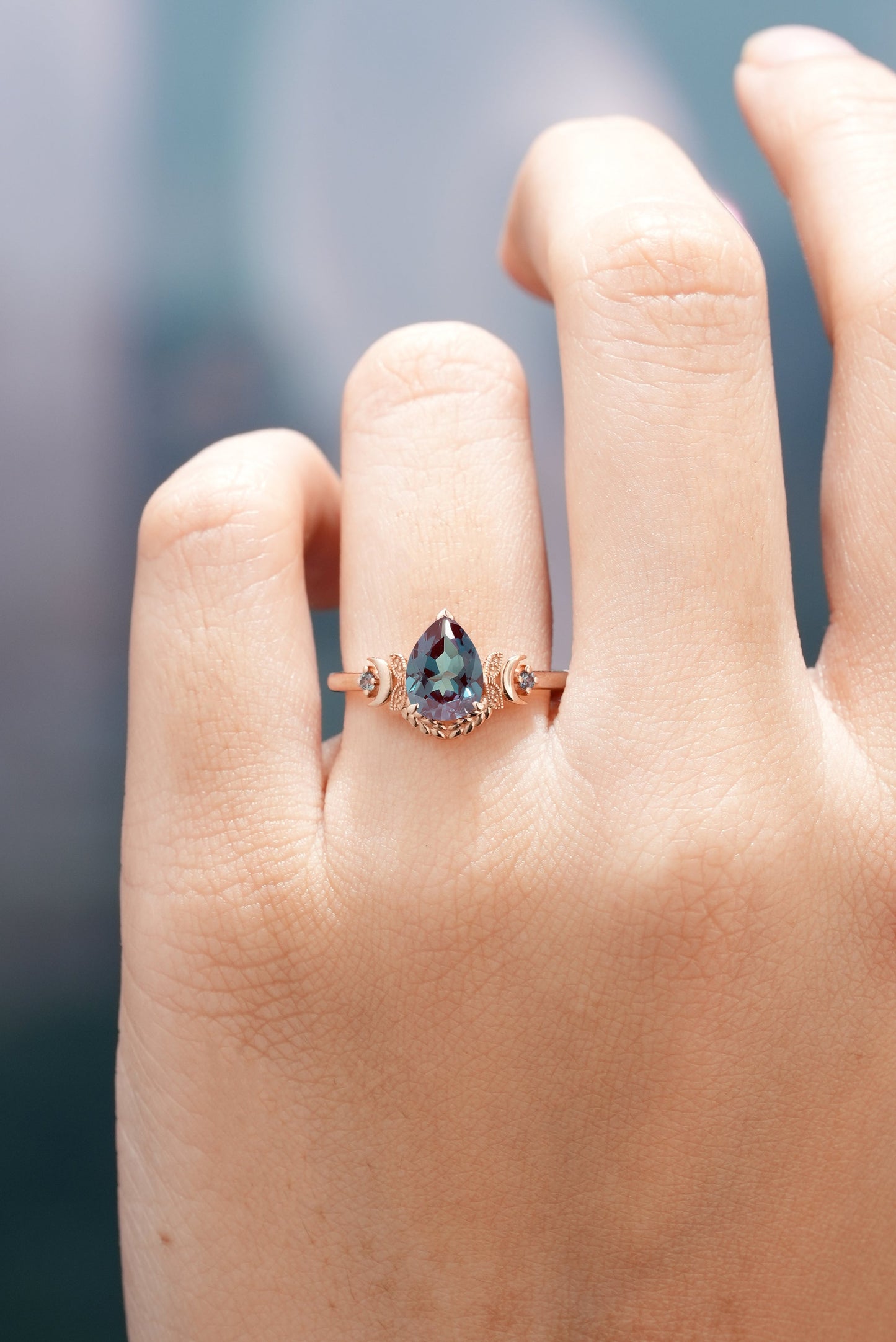 Unique Design Moon Shaped Alexandrite Engagement Ring