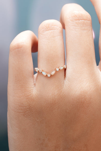 Vintage Opal Moissanite Stackable Chevron Wedding Band For Women