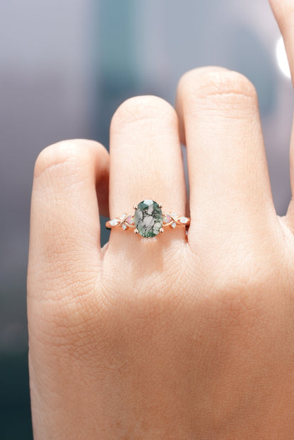 Nature Inspired Oval Cut Moss Agate Engagement Ring Opal Cluster