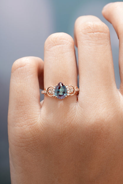 Pear Cut Alexandrite Engagement Ring Moissanite Cluster Rose Gold Ring
