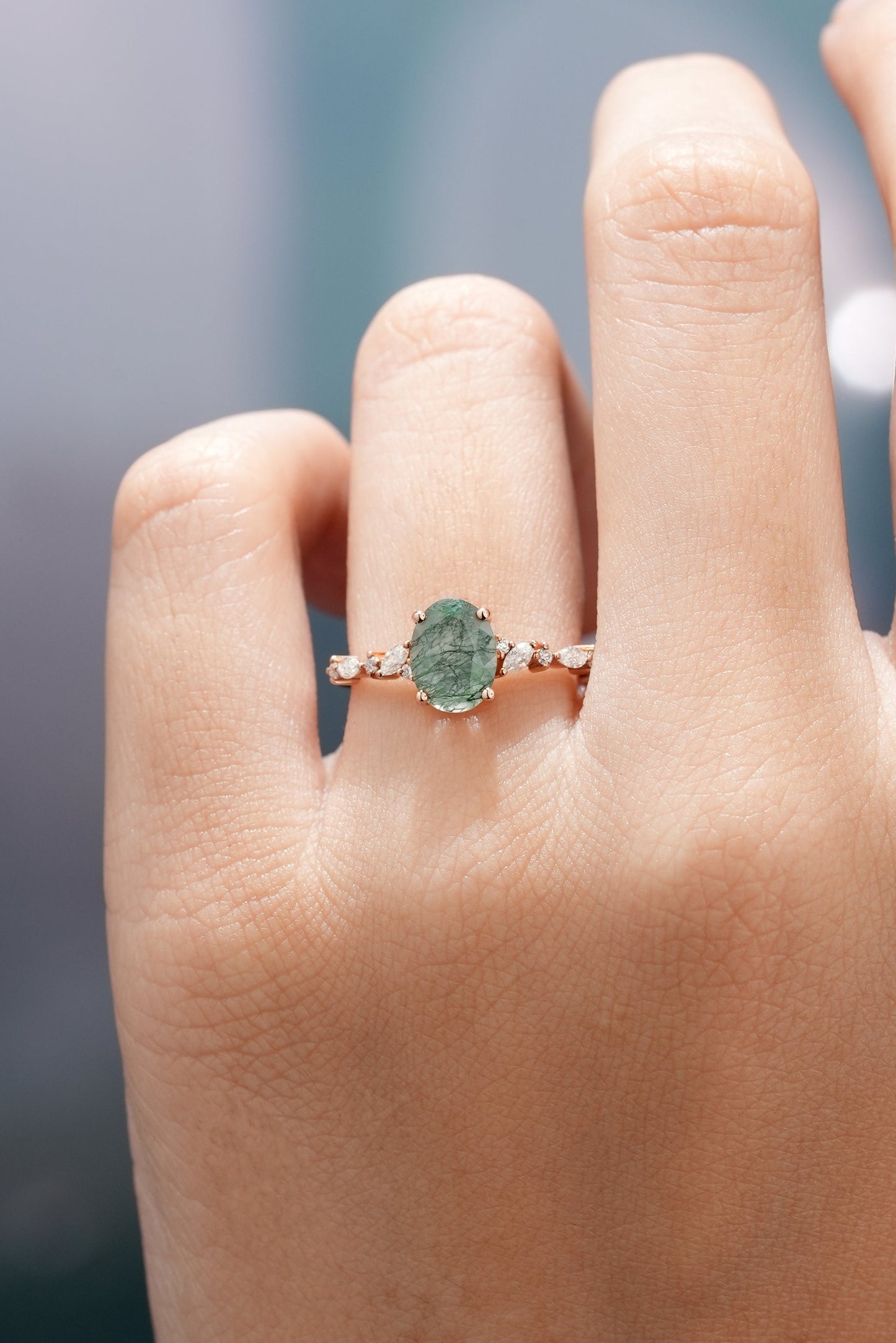 Nature Inspired Oval Cut Moss Agate Engagement Ring Moissanite Cluster