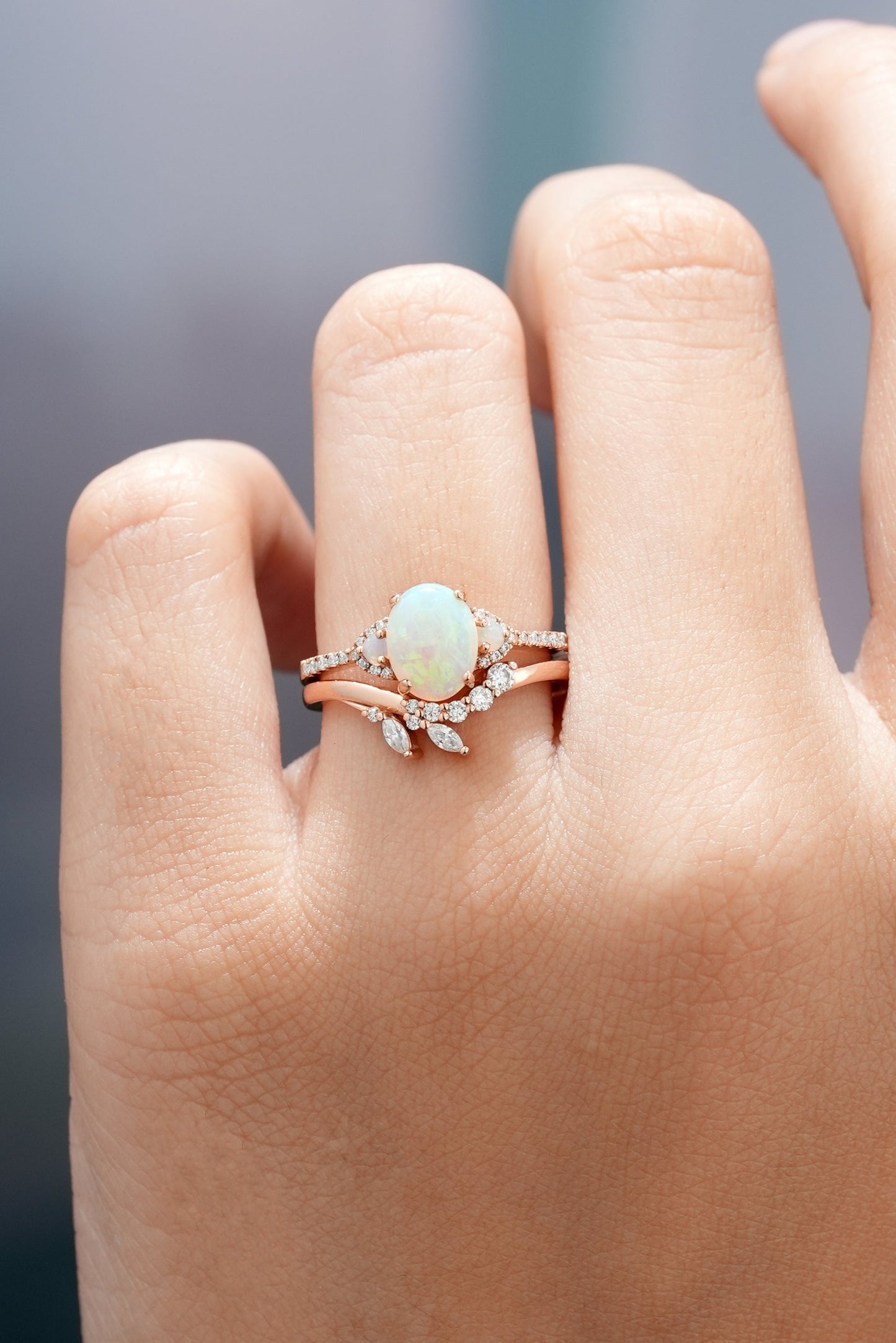 Oval Cut Opal Engagement Ring Set Chevron Wedding Band 2pcs