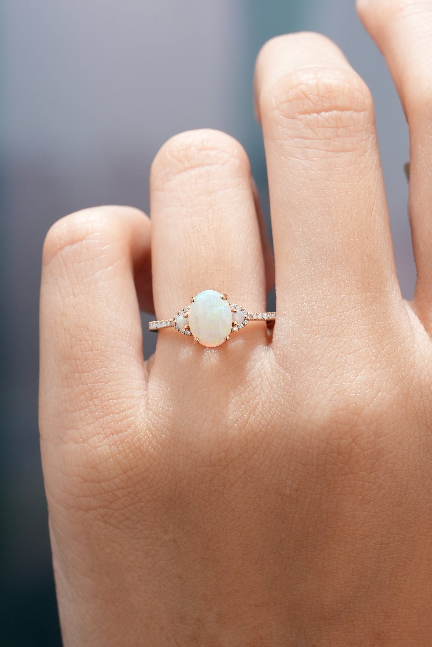 Natural Opal Oval Cut Engagement Ring with Side Stones in 14K Rose Gold