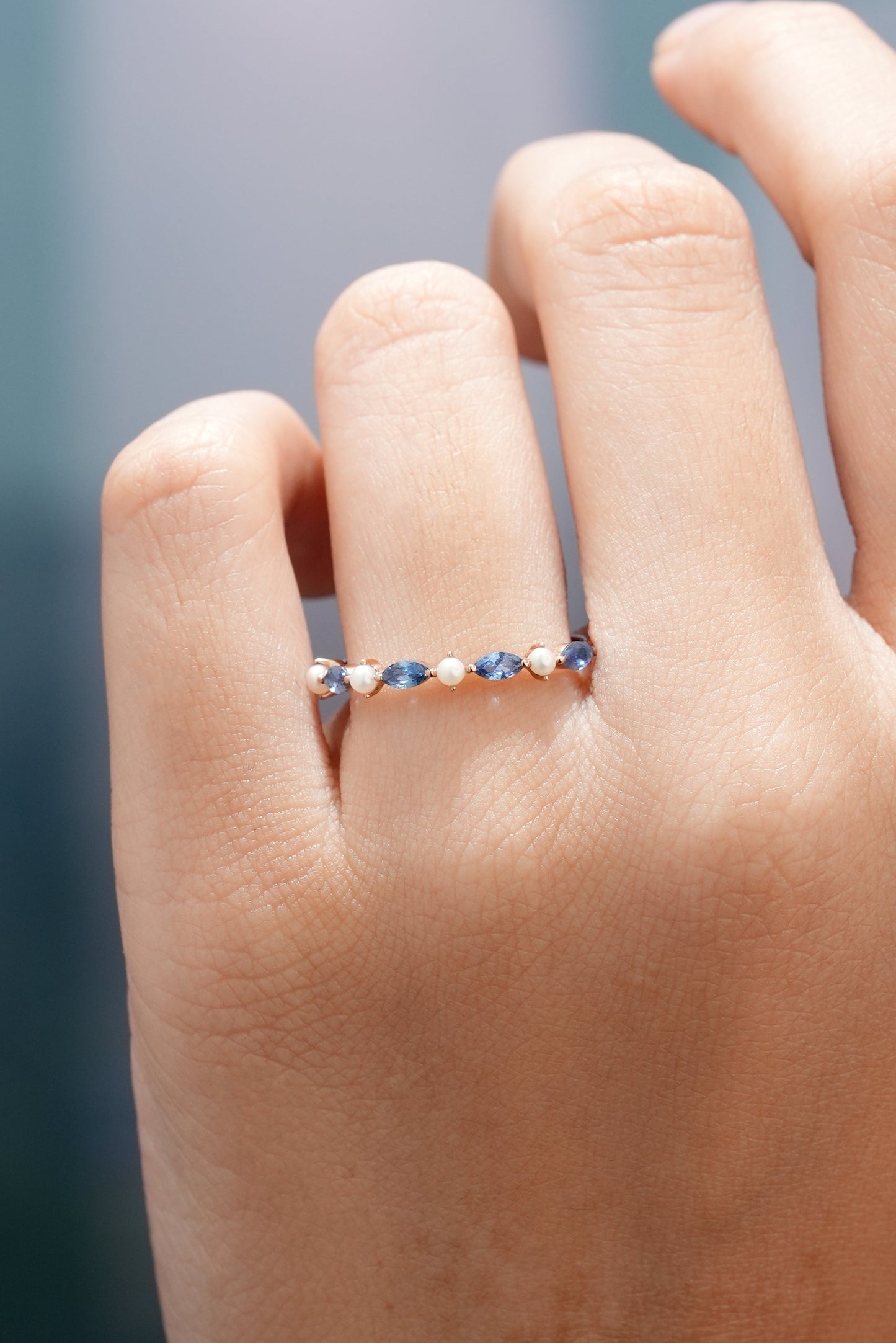 Marquise Cut Cornflower Sapphire Pearl Straight Wedding Band