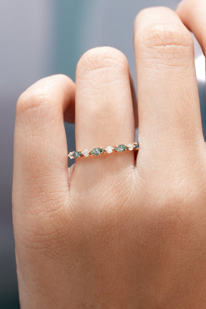 Marquise Cut Moss Agate Moissanite Straight Wedding Band