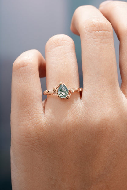 Pear Cut Moss Agate Engagement Ring Nature Inspired Leaf Ring