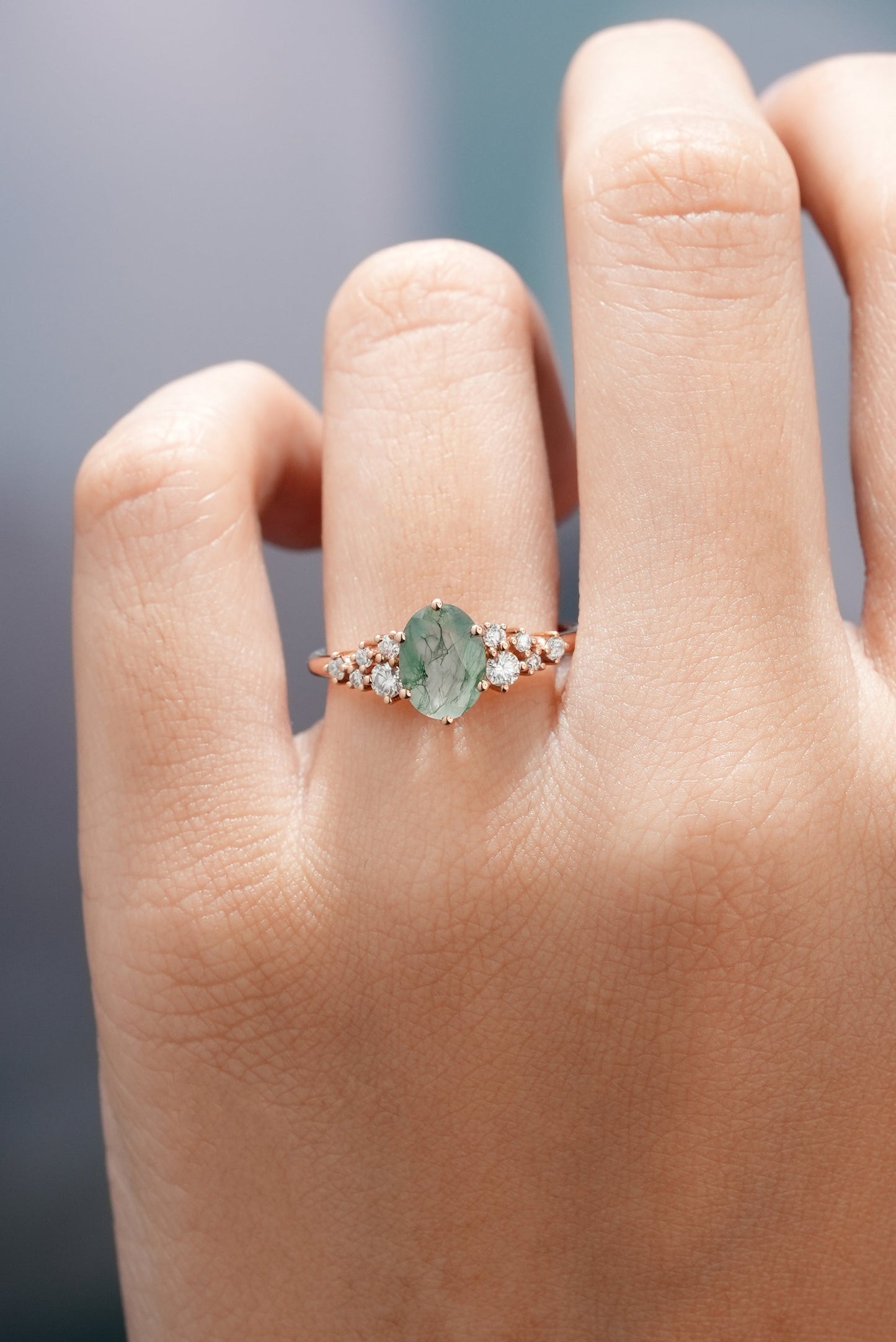 Oval Cut Moss Agate Engagement Ring Moissanite Cluster