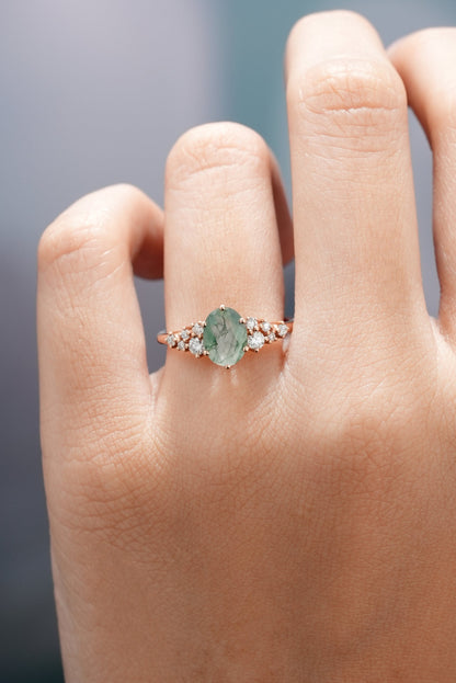 Oval Cut Moss Agate Engagement Ring Moissanite Cluster