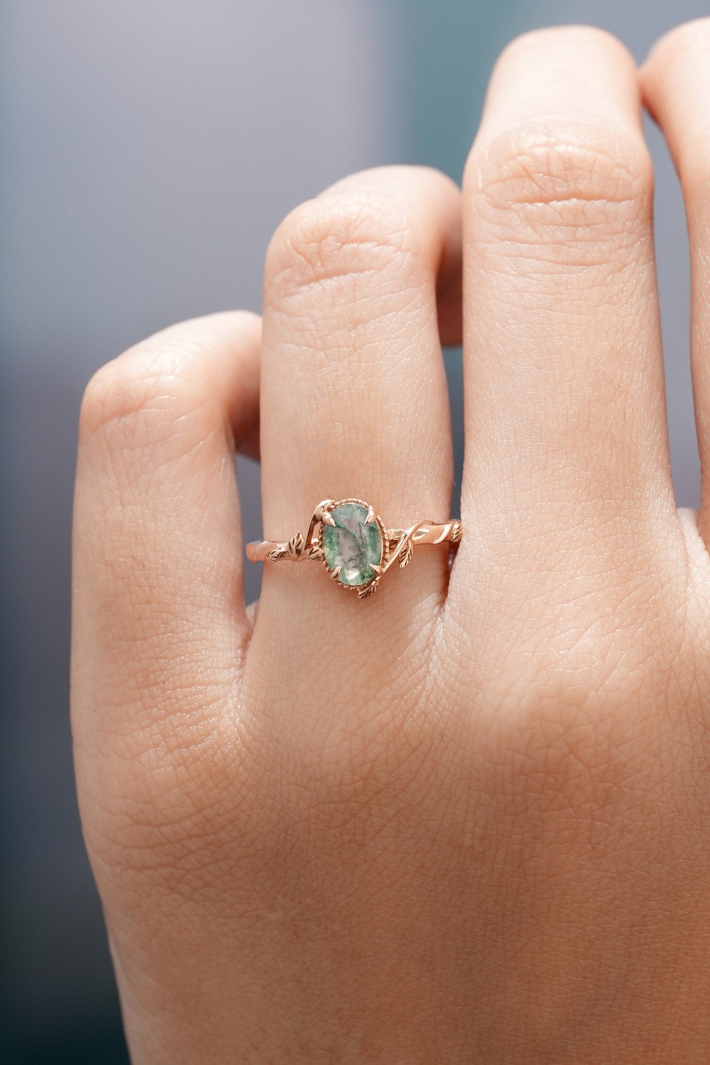 Oval Cut Nature Inspired  Leafy Moss Agate Engagement Ring