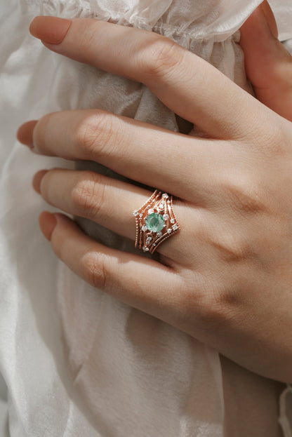 Moss Agate Engagement Ring With 2 Wedding Bands 3pcs Ring Set