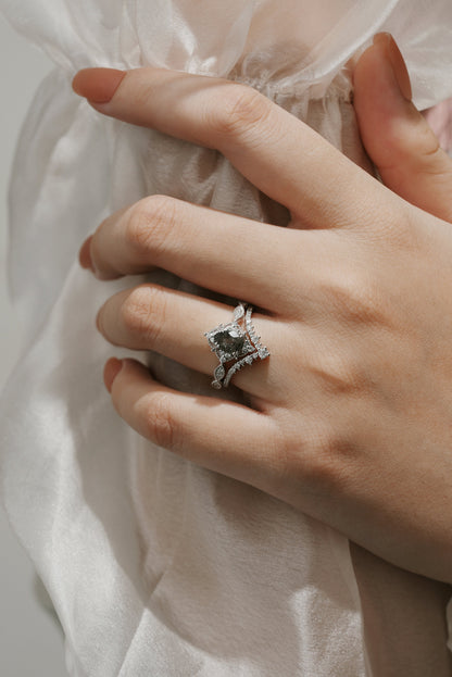 Vintage Black Rutilated Quartz Engagement Ring Set 2pcs
