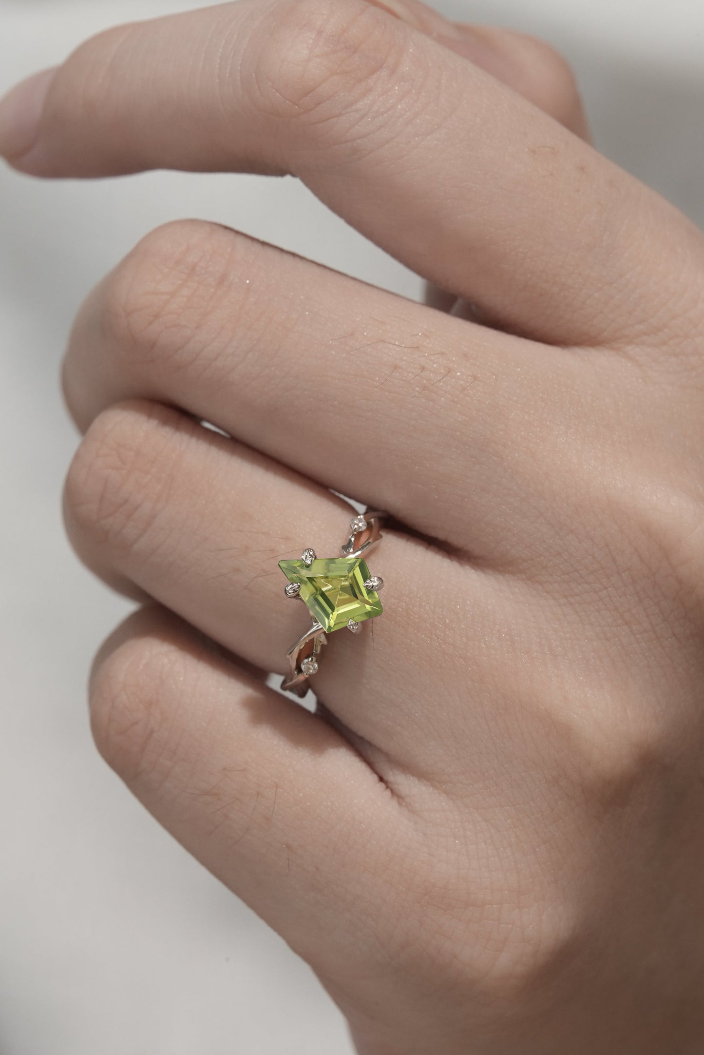 Unique Kite Cut Peridot Vine Gemstone Ring