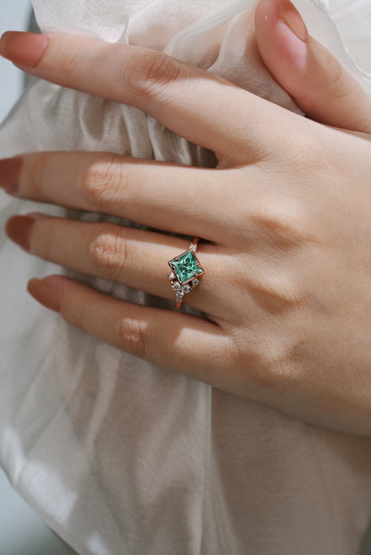 Unique Princess Cut Green Moissanite Engagement Ring