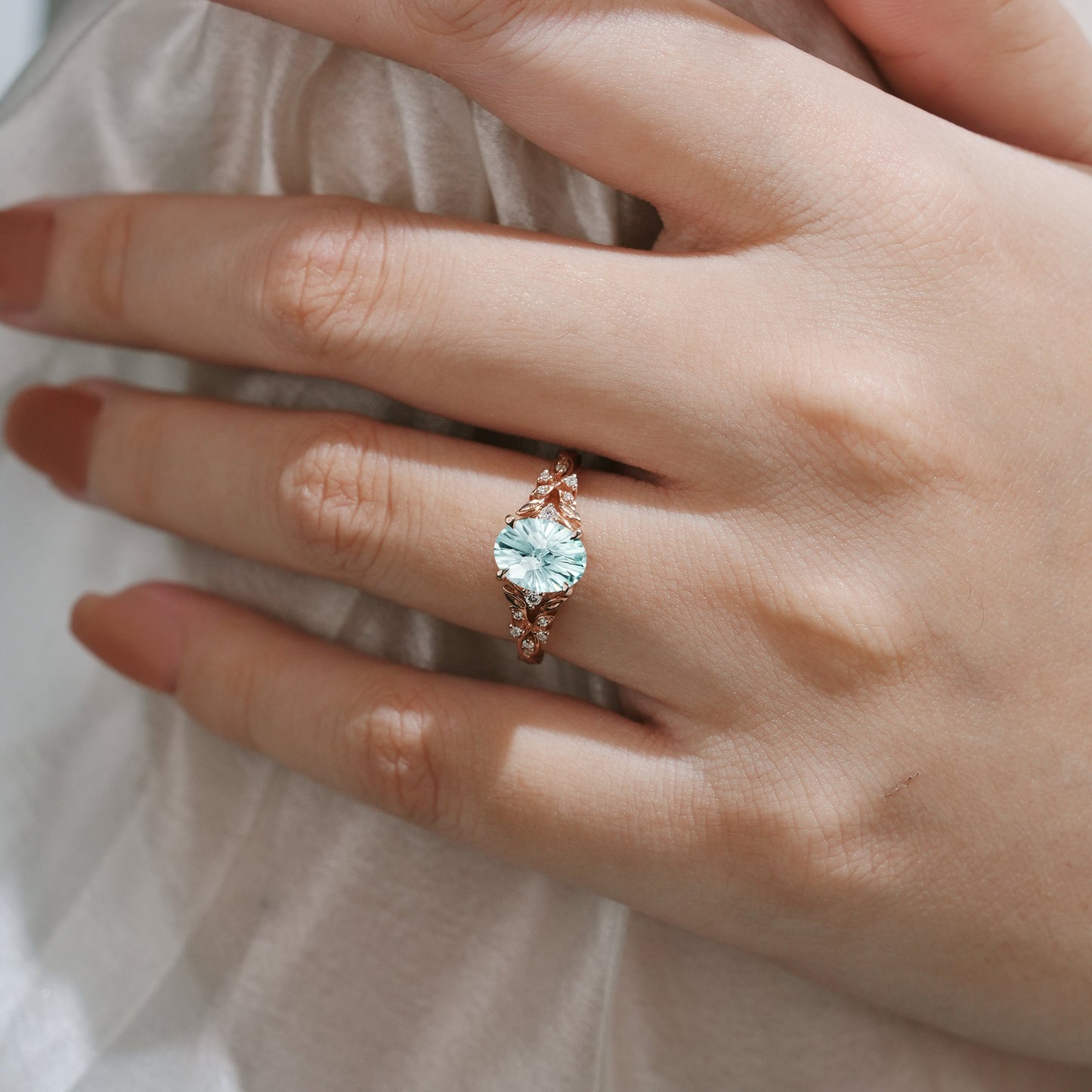 Oval Cut Aquamarine Leaf Engagement Ring