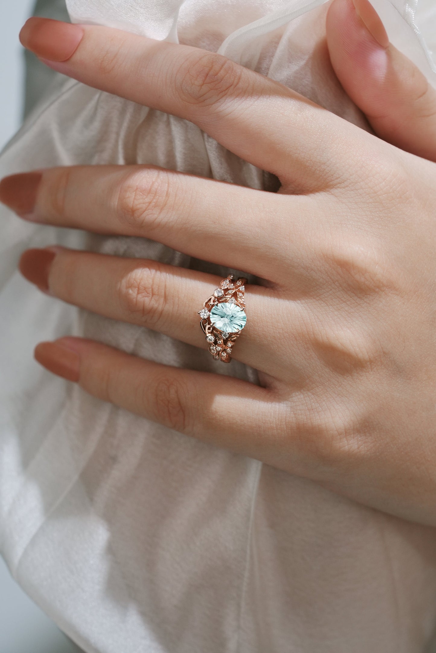 Unique Firework Cut Aquamarine Leaf Engagement Ring Set 2pcs