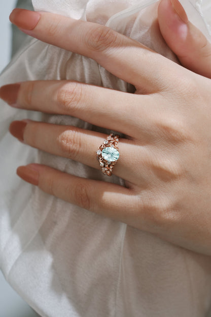 Unique Firework Cut Aquamarine Leaf Engagement Ring Set 2pcs