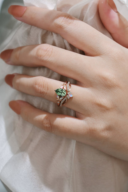 Lab Green Sapphire Flower Opal Engagement Ring Set 2pcs