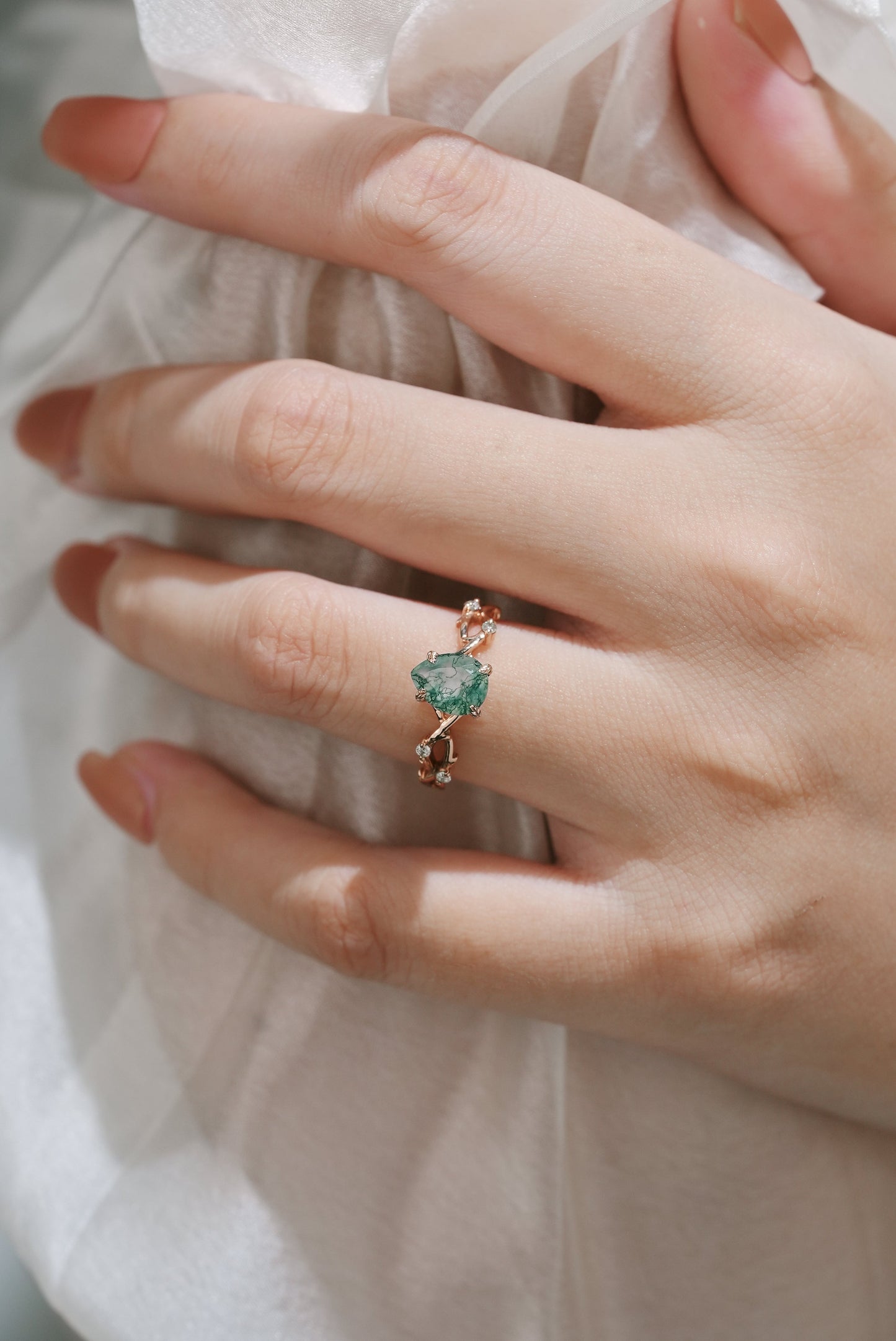 Pear Cut Moss Agate Vine Leaf Engagement Ring