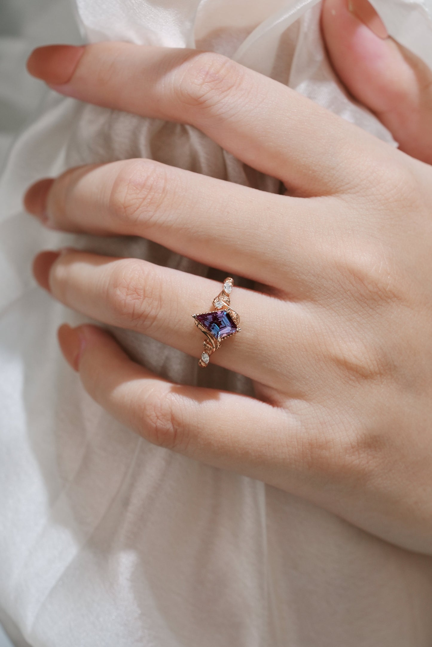 Unique Kite Cut Alexandrite Leafy Engagement Ring