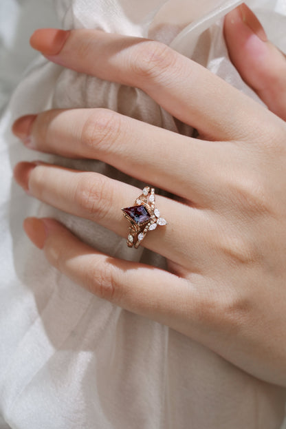 Unique Kite Cut Alexandrite Ring Leaf Bridal Set 2pcs