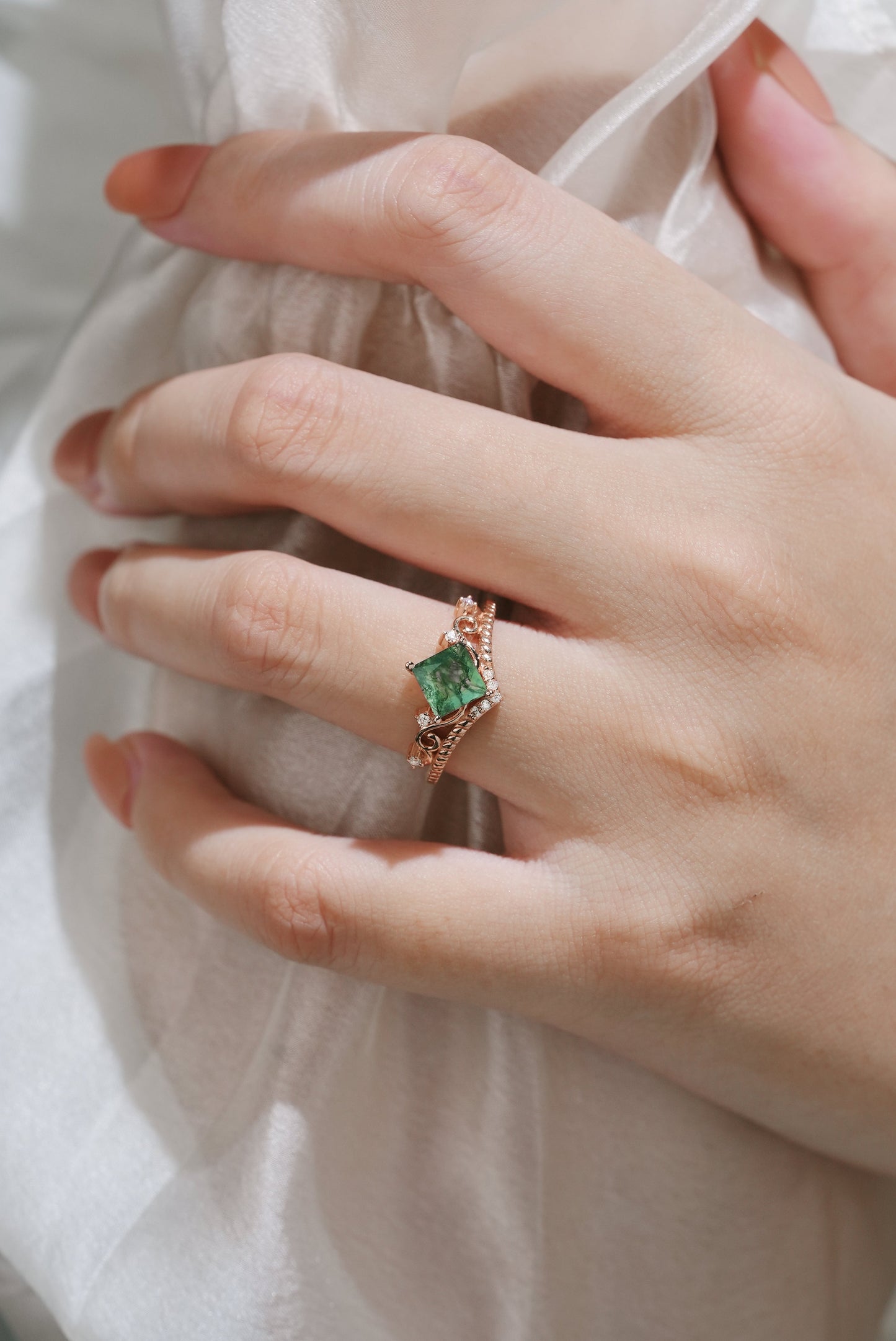 Princess Cut Moss Agate Vintage Engagement Ring