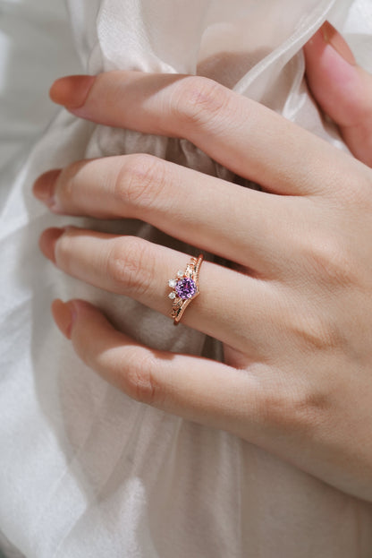 Round Cut Lab Purple Sapphire Leaf Engagement Ring