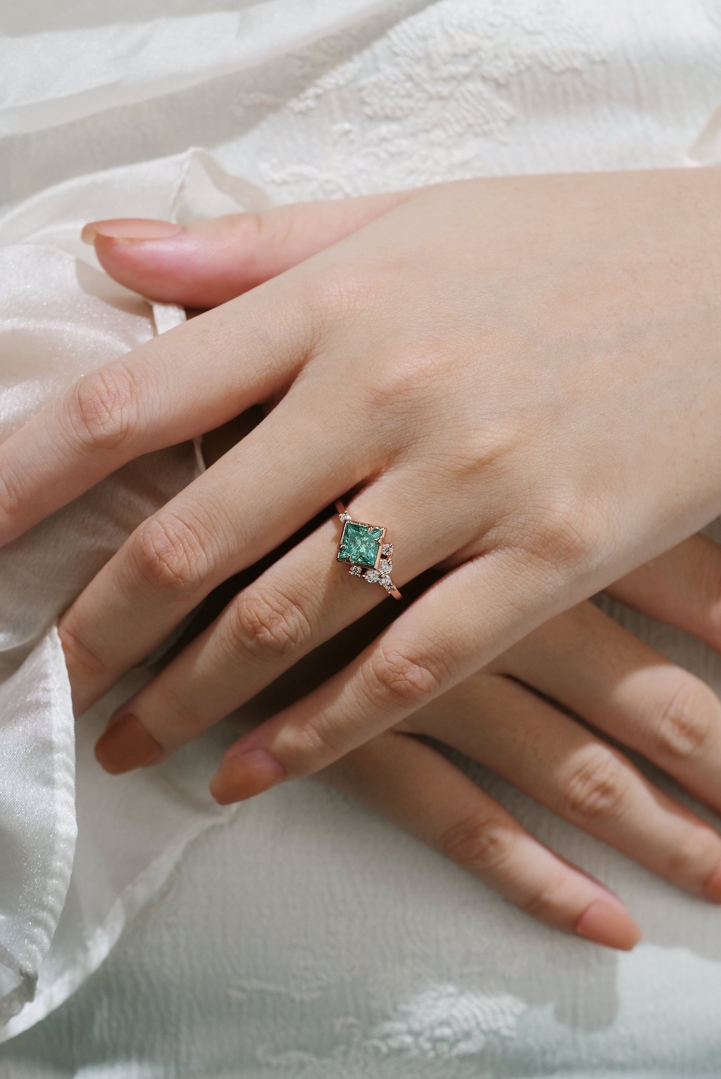 Unique Princess Cut Green Moissanite Engagement Ring