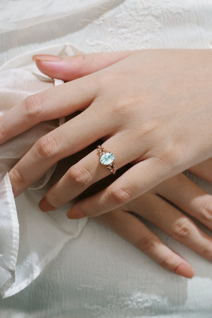 Oval Cut Aquamarine Leaf Engagement Ring