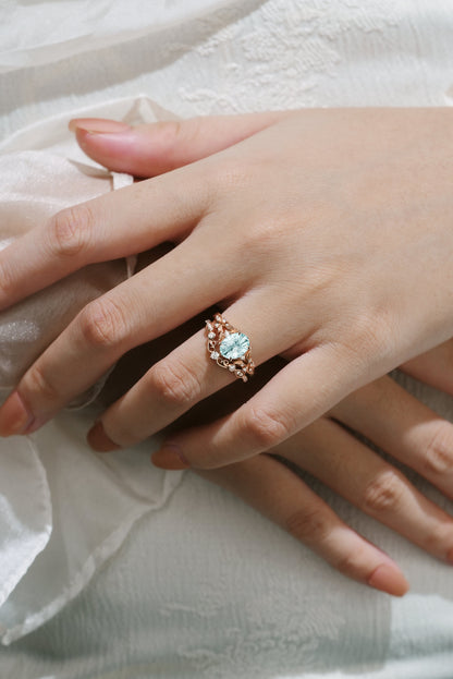 Unique Firework Cut Aquamarine Leaf Engagement Ring Set 2pcs