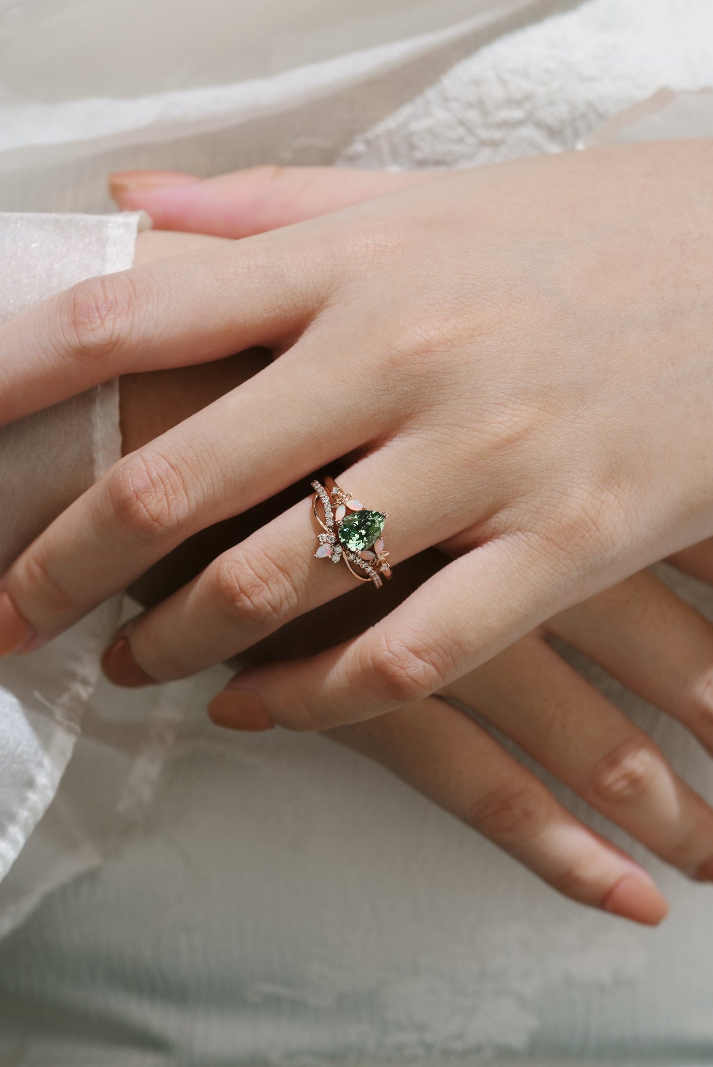 Lab Green Sapphire Flower Opal Engagement Ring Set 2pcs