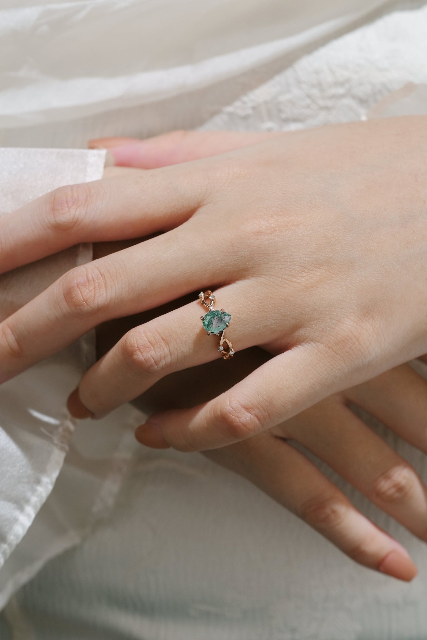 Pear Cut Moss Agate Vine Leaf Engagement Ring