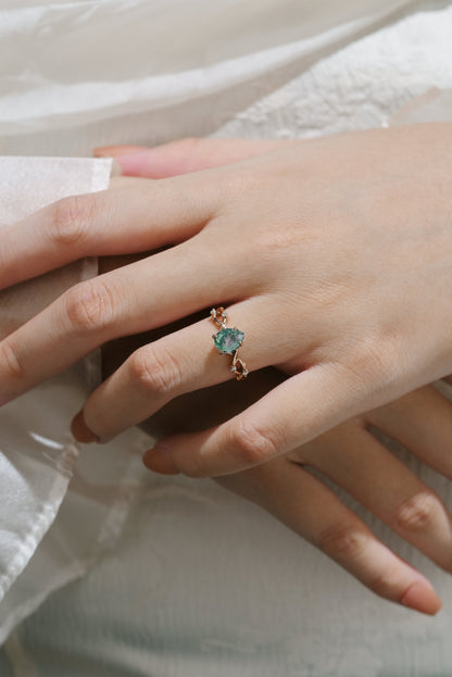 Pear Cut Moss Agate Vine Leaf Engagement Ring