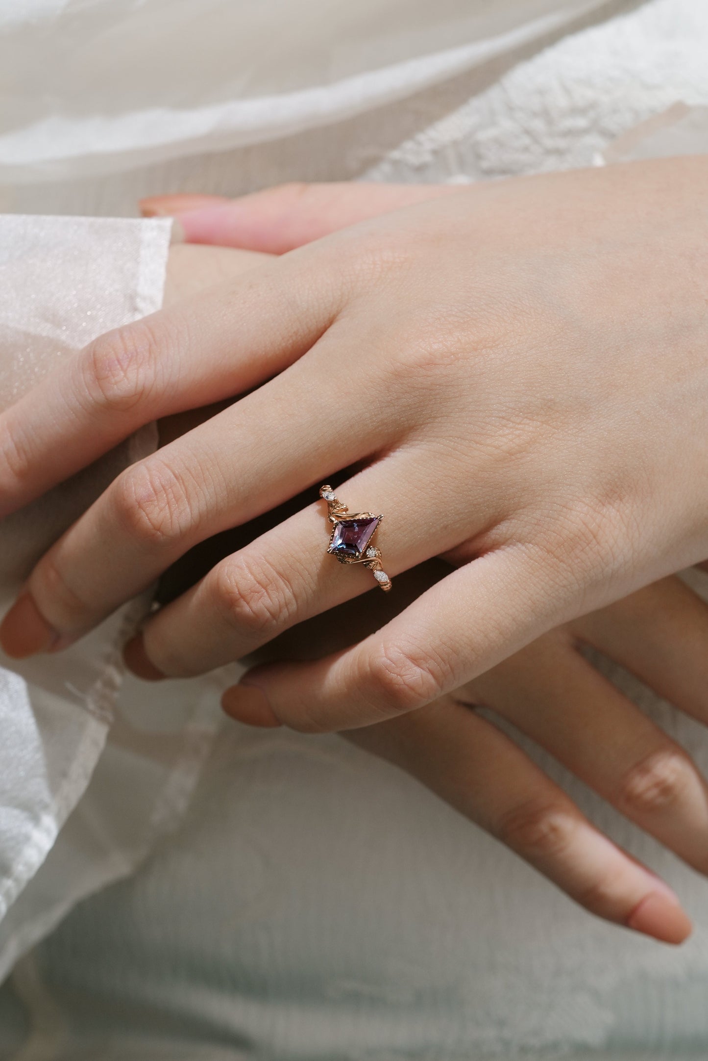 Unique Kite Cut Alexandrite Leafy Engagement Ring