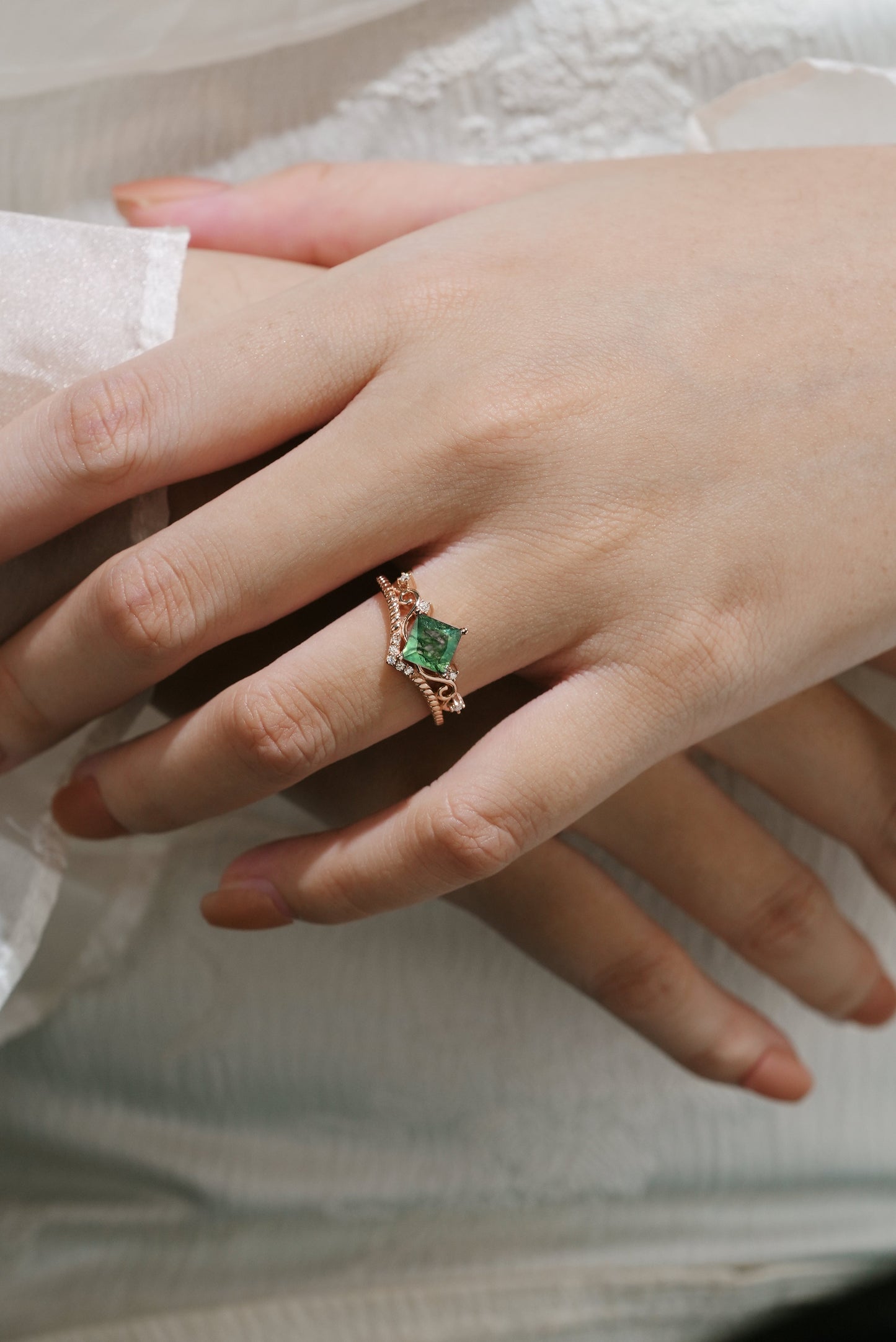 Princess Cut Moss Agate Vintage Engagement Ring
