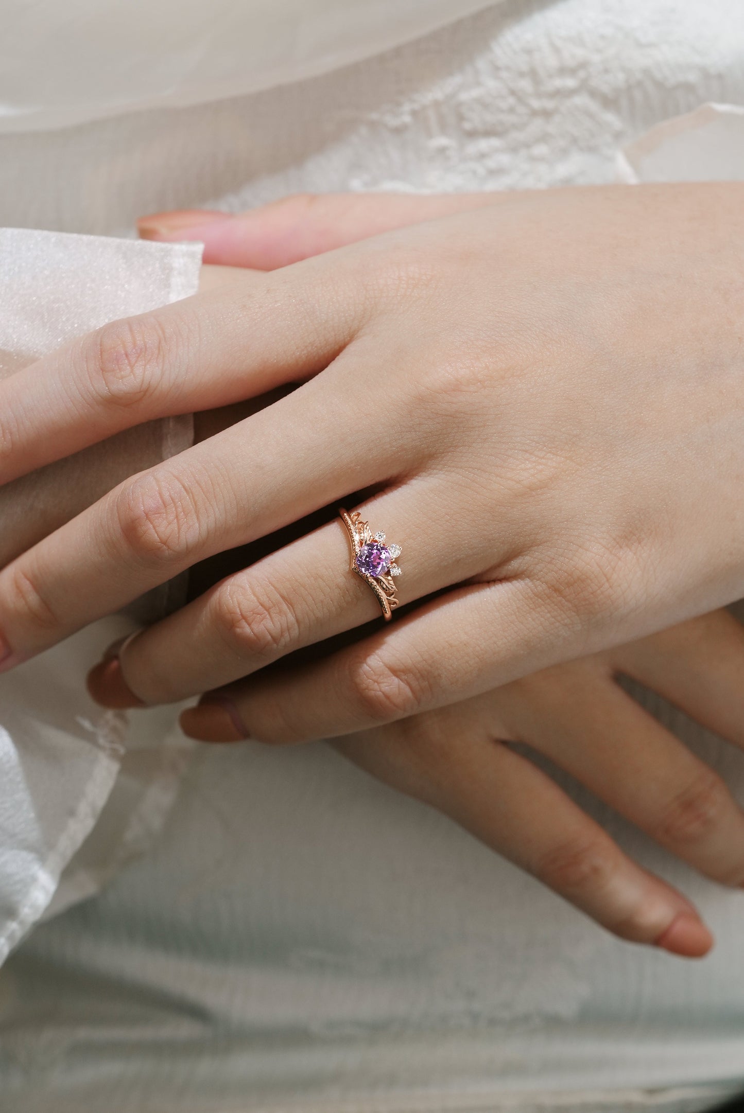 Round Cut Lab Purple Sapphire Leaf Engagement Ring