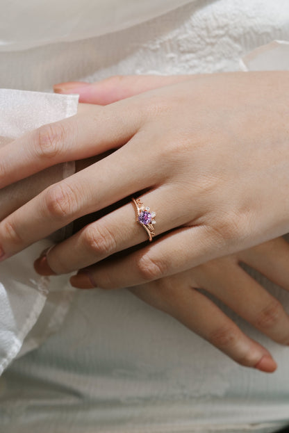 Round Cut Lab Purple Sapphire Leaf Engagement Ring