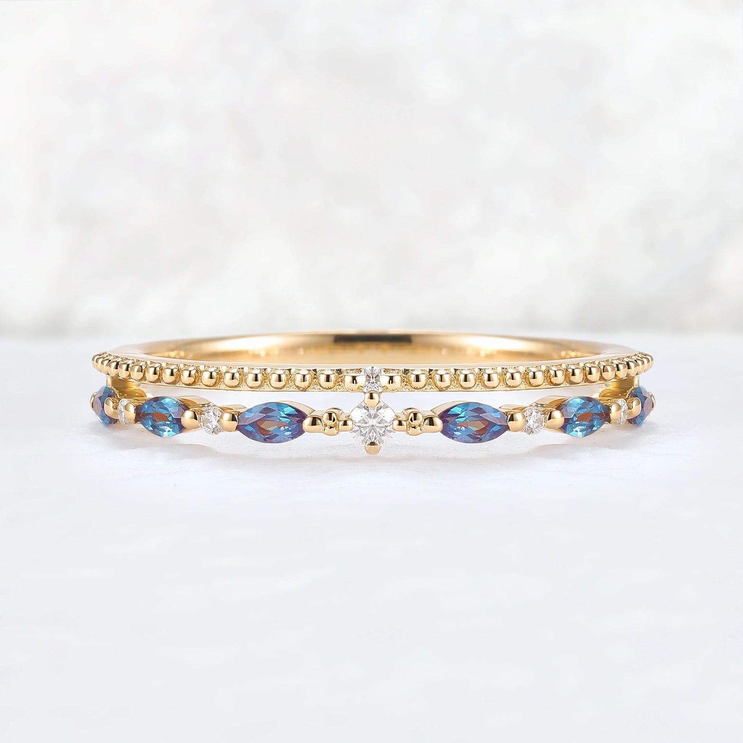 Double-Ring Arm Marquise Cut Alexandrite Beaded Edge Stacking Ring