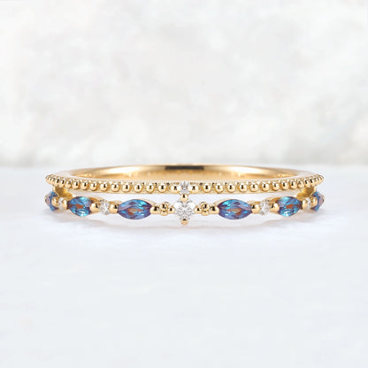 Double-Ring Arm Marquise Cut Alexandrite Beaded Edge Stacking Ring