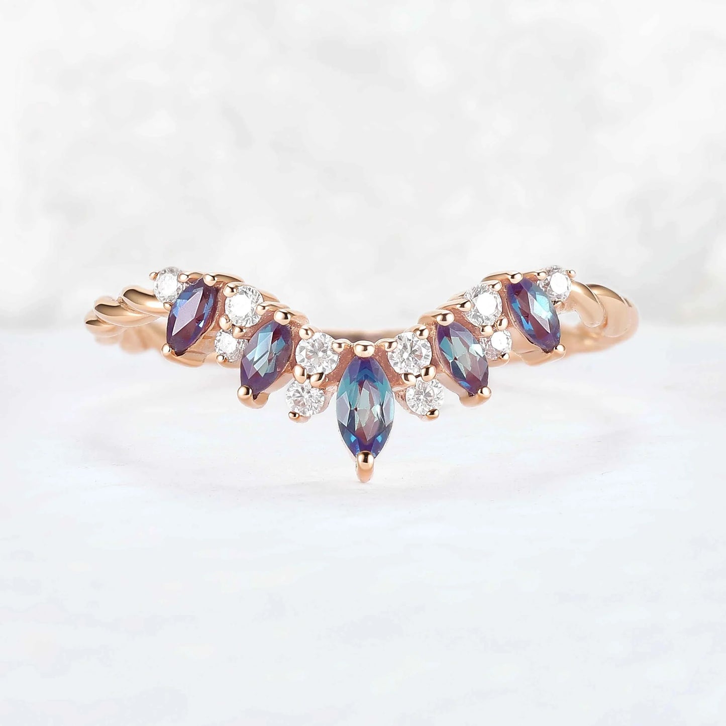 Curved Marquise Cut Alexandrite Twig Ring Arm Stacking Ring