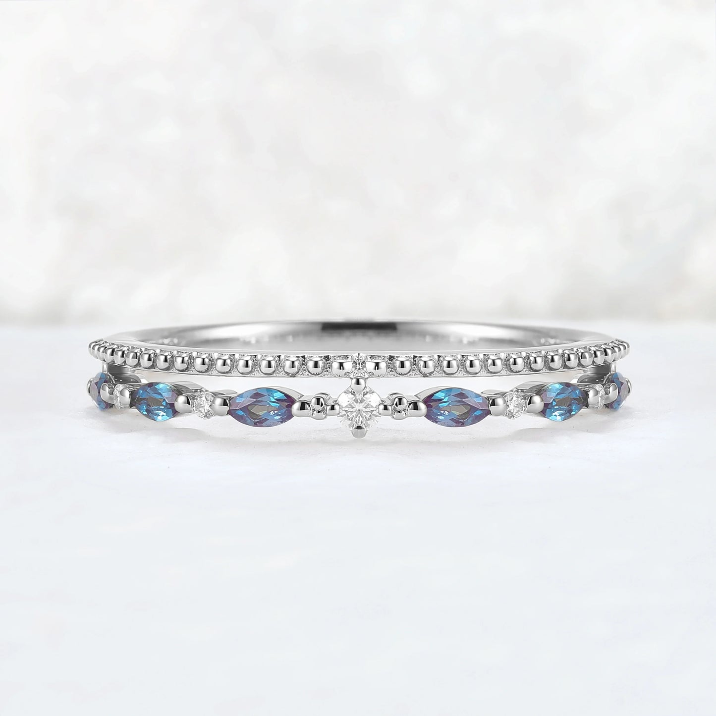 Double-Ring Arm Marquise Cut Alexandrite Beaded Edge Stacking Ring