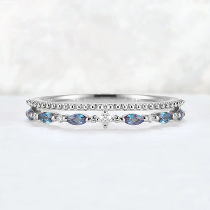 Double-Ring Arm Marquise Cut Alexandrite Beaded Edge Stacking Ring