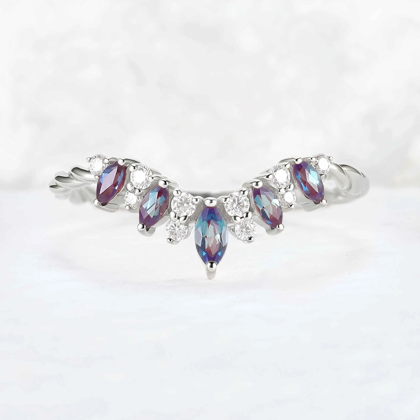 Curved Marquise Cut Alexandrite Twig Ring Arm Stacking Ring