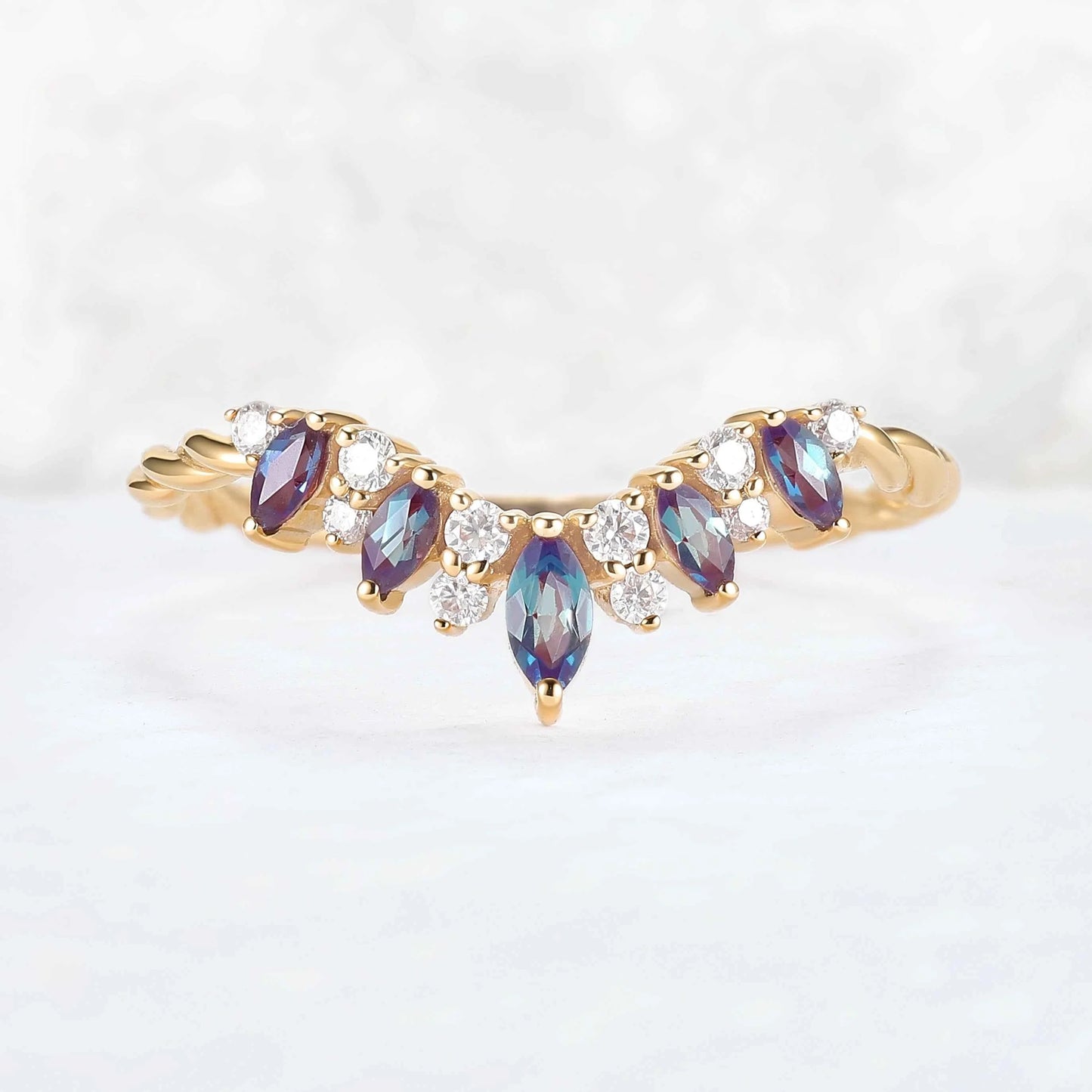 Curved Marquise Cut Alexandrite Twig Ring Arm Stacking Ring