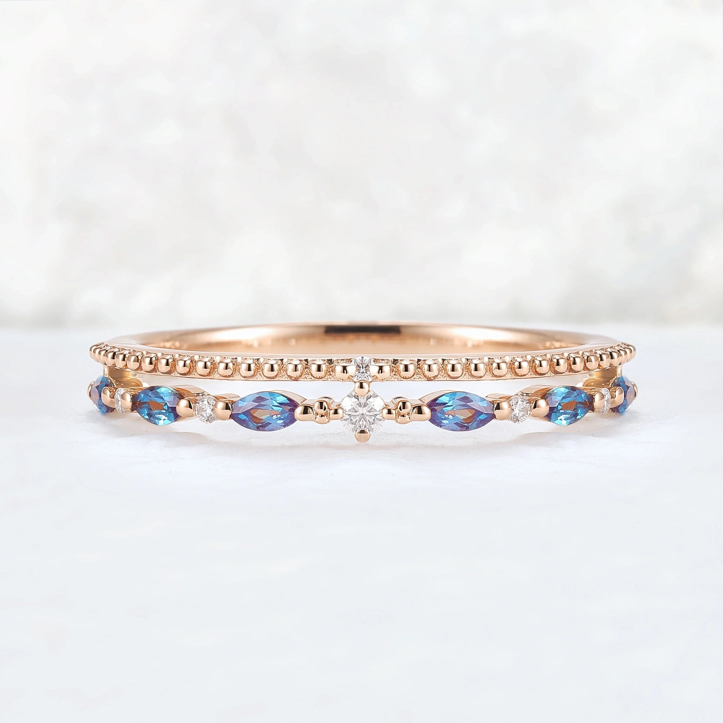 Double-Ring Arm Marquise Cut Alexandrite Beaded Edge Stacking Ring